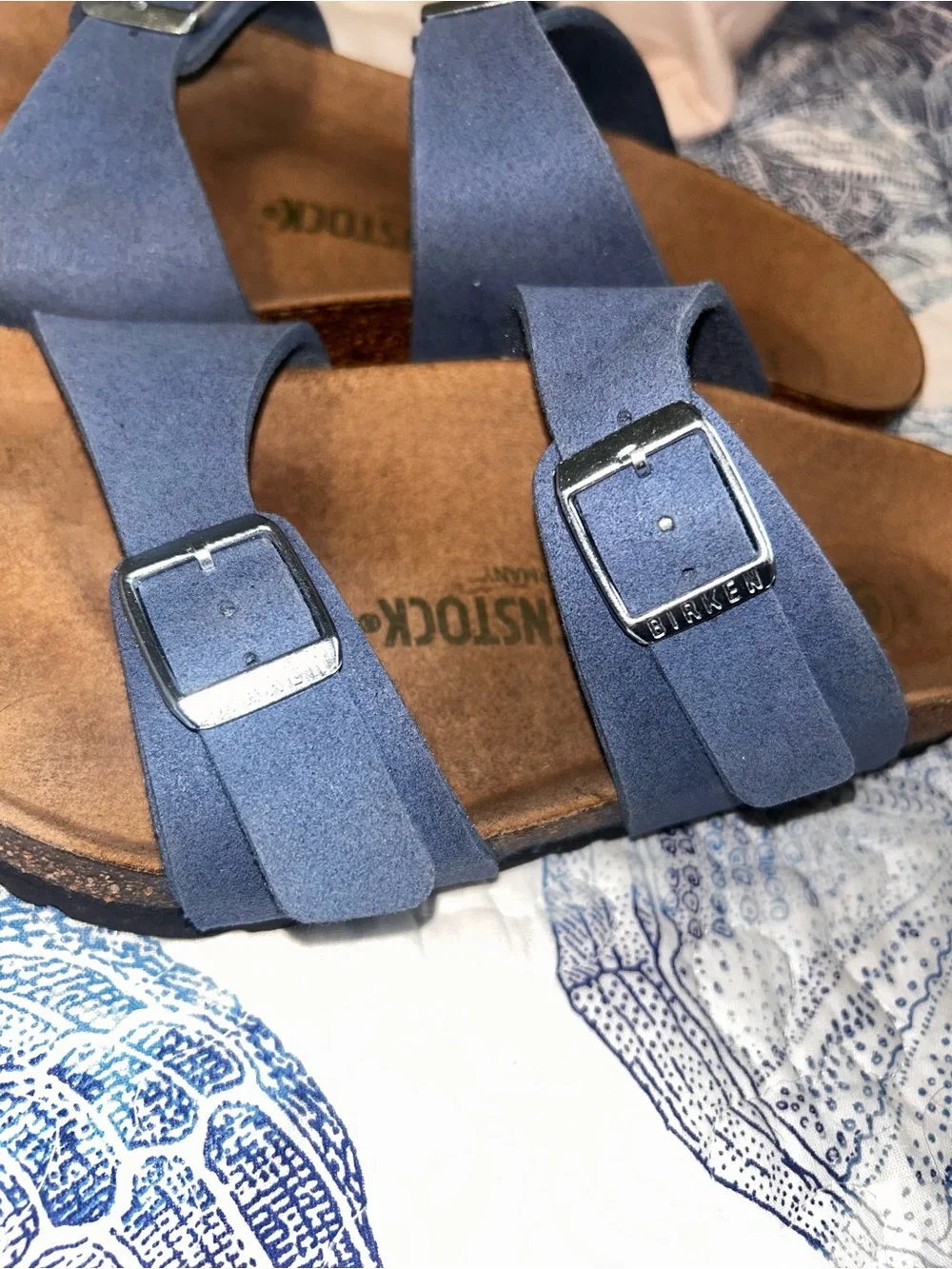 Birkenstock Two-Strap Sandals in Blue with Brown Footbed size 38=7/7.5